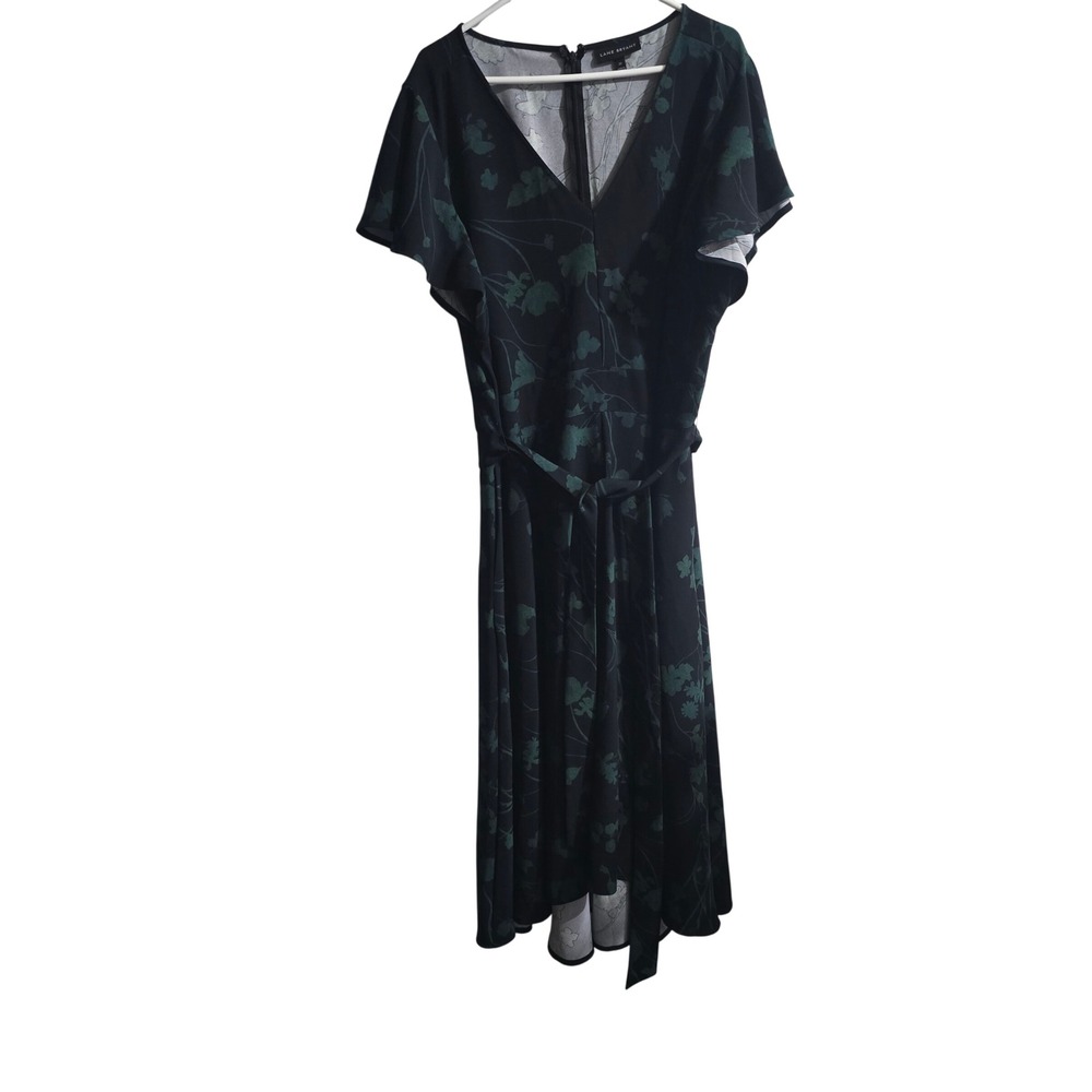 Lane Bryant Midi Dress Women 20 Black Green Floral Flutter Sleeve V-Neck Belted